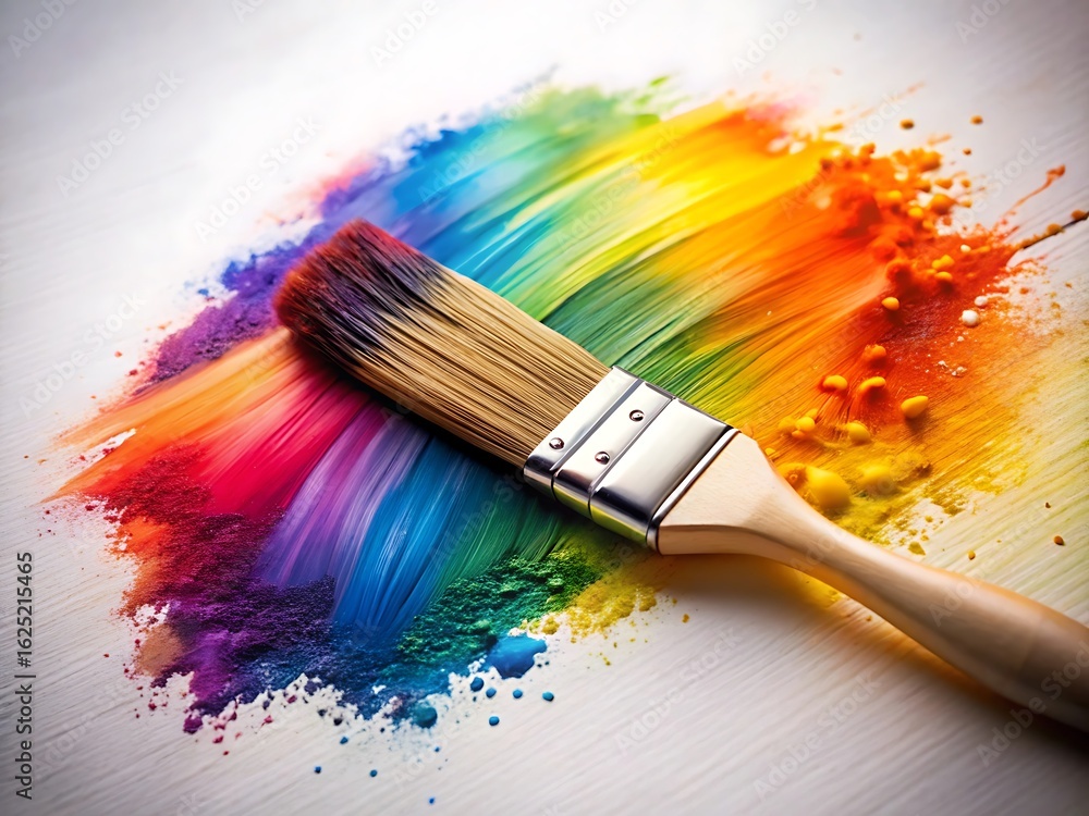 Poster a colorful paintbrush with vibrant paint strokes on a white background, creating a dynamic and artis