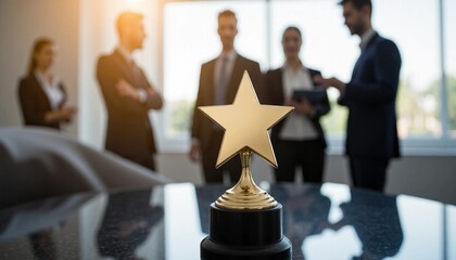 Golden star award trophy symbolizing success in a modern office with blurred business professionals
