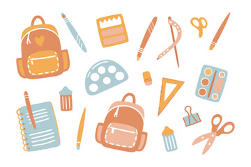Study Time Essentials: A charming collection of essential school supplies, perfectly arranged to inspire creativity and learning, evoking the excitement of a new academic year.
