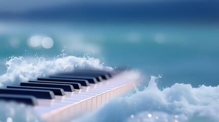 Light ocean waves splashing onto piano keys in a dreamy pastel blue scene, blending music and seascape for soft, creative and serene mood design