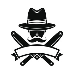 Vintage barber logo featuring a man with a hat and mustache, crossed with razors and a banner, symbolizing classic grooming and style, ideal for barbershop branding and retro designs