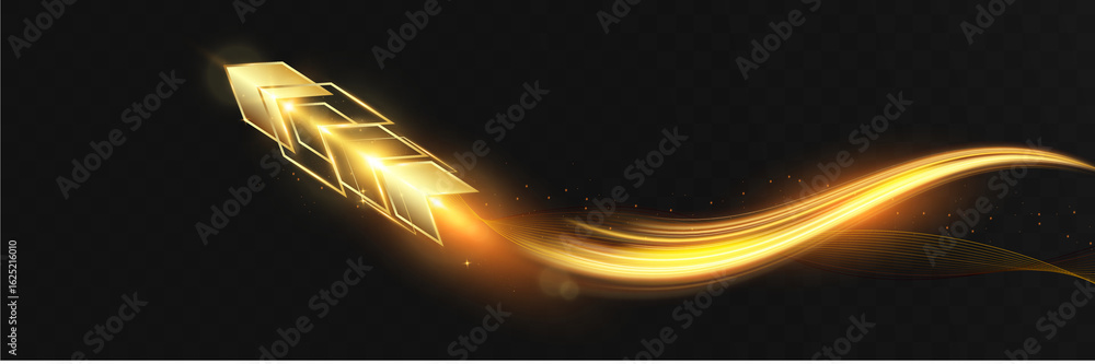 Poster golden glowing arrow with light trail and abstract wave motion effect on dark transparent background