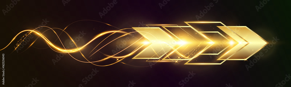 Poster golden glowing arrow with light trail and abstract wave motion effect on dark transparent background