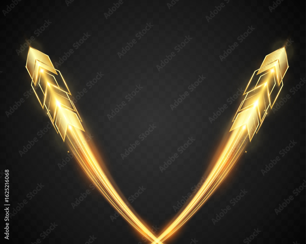 Poster golden glowing arrow with light trail and abstract wave motion effect on dark transparent background
