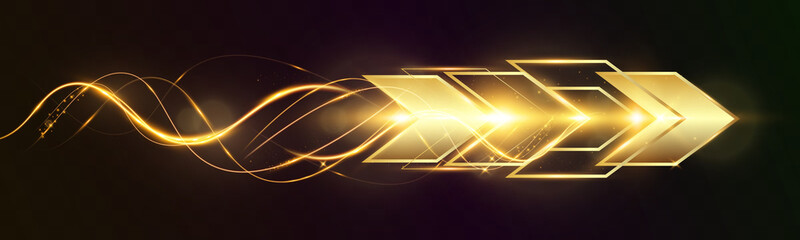 Golden glowing arrow with light trail and abstract wave motion effect on dark transparent...