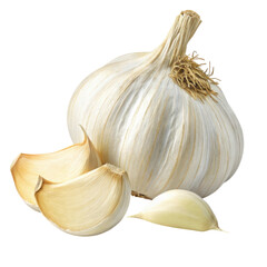 Obraz premium Fresh garlic bulb and cloves isolated on transparent background