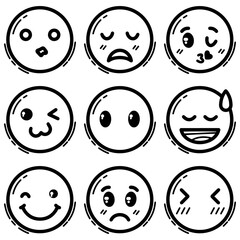Outline-style grid of nine emoji icons, each representing a different emotion or expression. Related to digital applications, including social media platforms, messaging apps, and user interfaces