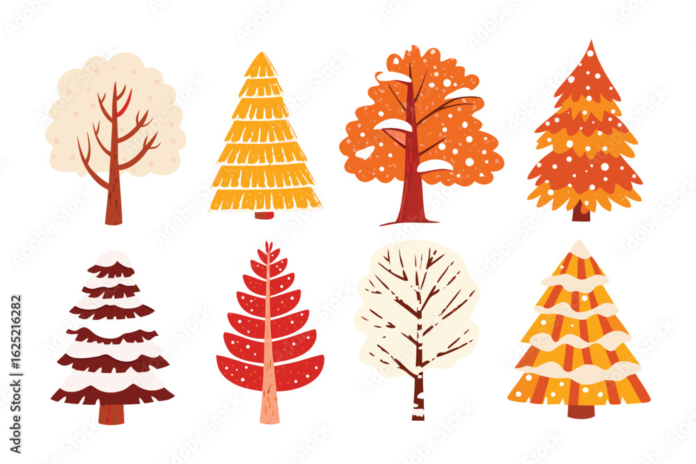 Poster diverse tree collection: an array of vibrant illustrations showcases eight distinct trees, each offe