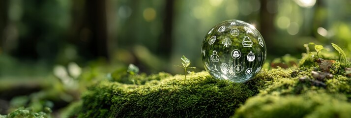 Crystal Ball on Moss with Sprout in Forest