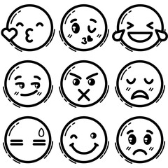 Outline-style grid of nine emoji icons, each representing a different emotion or expression. Related to digital applications, including social media platforms, messaging apps, and user interfaces