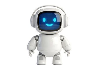 Friendly White Robot with Headphones, Smiling Digital Face, 3D Render, Technology Concept