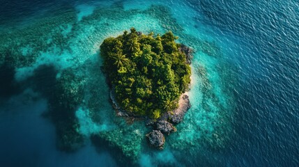 Aerial View of Lush Tropical Island Surrounded by Turquoise Waters.