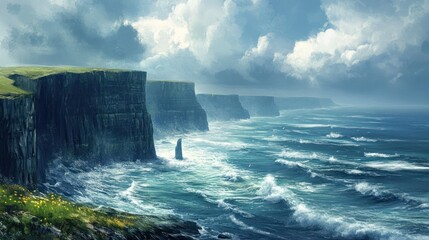 Dramatic Cliffs of Moher Painting with Crashing Waves and Cloudy Sky