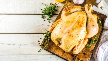 Raw Whole Chicken, Fresh Herbs on Wooden Cutting Board