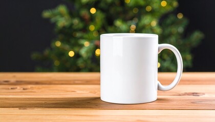 White Mug Mockup, Cozy Christmas Tree Blurred Background
