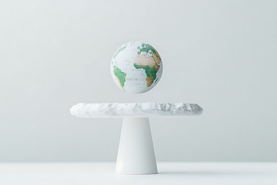 A globe hovers over a white marble stand, set against a clean, bright background. Conceptual and minimalist, evoking a sense of scientific or planetary theme.