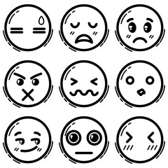 Outline-style grid of nine emoji icons, each representing a different emotion or expression. Related to digital applications, including social media platforms, messaging apps, and user interfaces