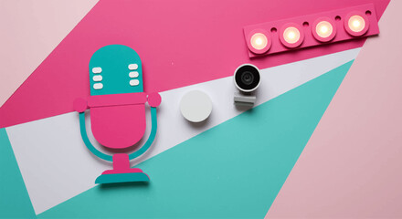Fototapeta premium Colorful Streaming Gear with Microphone, Webcam, and LED Lights on Striking Pink and Teal Surface