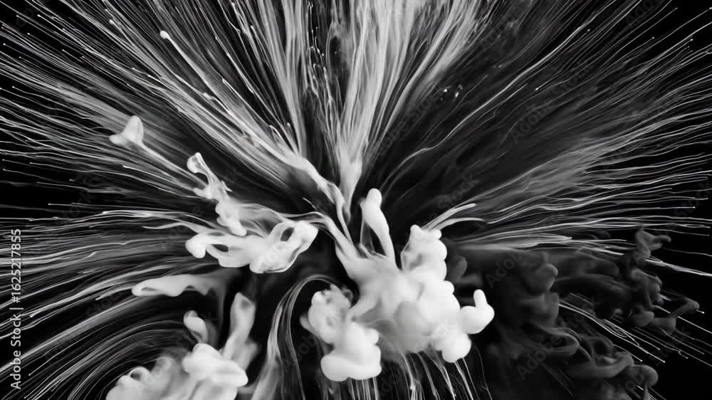 Poster dramatic collision of black and white ink clouds creating an abstract splash with dynamic movement a