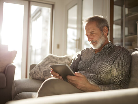 Senior Man Reading on Tablet in Modern Home Interior for Relaxation in Casual Setting - Powered by Adobe
