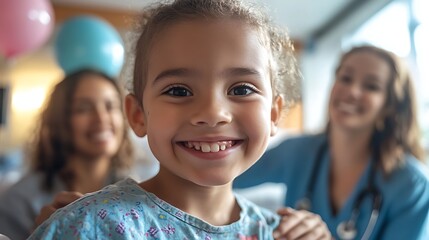 Close-up of cheerful girl in hospital with loving support from healthcare workers. Positive spirit and resilience in illness. Childhood Cancer Day celebration of strength