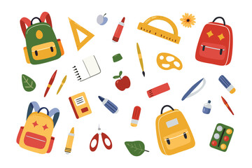 School Supplies' Array: A colorful arrangement of school essentials, including backpacks, rulers, and pencils, scattered across the image, offering a vibrant reminder of the academic journey. 