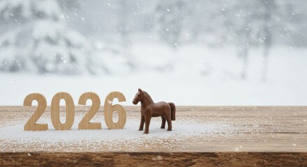 Wooden number 2026 and horse toy on snowy wood. Chinese new year animal symbol for greeting card concept.