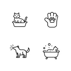Collection of Pet Care Icons Showing Cat Litter Box Paw Glove Dog Barking and Cat Bath Time