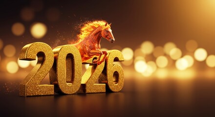 Fire horse leaping over 2026 for Chinese New Year. New year celebration and holiday greeting card concept.