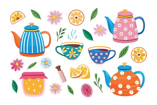 Tea Time: A whimsical array of teacups, teapots, and complementary ingredients create a delightful invitation to a tea party. - Powered by Adobe