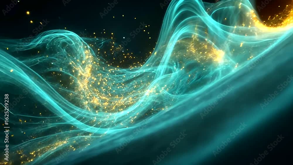 Poster abstract particle wave background with glowing light effects and floating dust