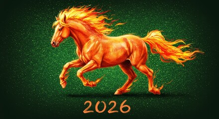 Orange fire horse with fiery mane and tail galloping across a green speckled background with 2026 for Year of the Horse.