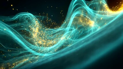 Abstract particle wave background with glowing light effects and floating dust - Powered by Adobe