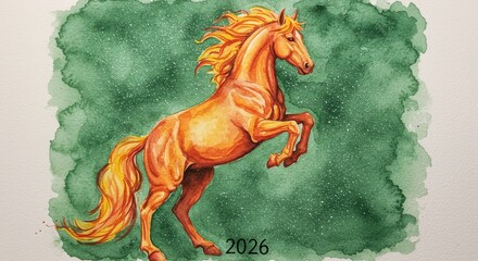 Watercolor painting of a rearing golden horse on a green starry background for a 2026 Chinese New Year celebration.