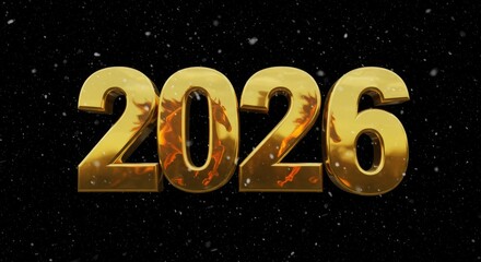 Golden 2026 year with horse reflection in falling snow on black background for Chinese New Year. Modern lunar zodiac calendar.