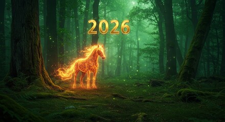 Golden glowing horse with the year 2026 in a mystical forest. Magical creature concept for New Year card.