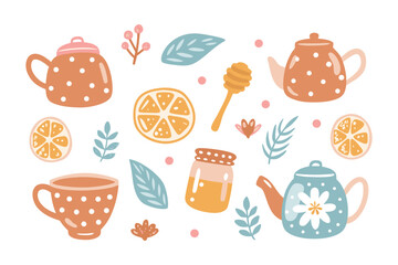 Tea Time Delights: A delightful illustrated scene showcases an array of charming teapots, teacups, honey, lemon slices, and floral accents.