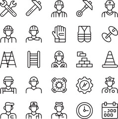 Construction and building concept illustrated with a set of outline icons. Vector symbols for labor, tools, and industrial work.