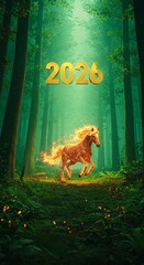 Golden 2026 numbers with a fire glowing horse running in a magical forest, new year calendar. Holiday spirit.