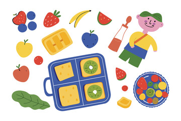 Lunchtime Delights: A vibrant and playful illustration features a lunchbox filled with healthy treats, accompanied by an array of fresh fruits, perfect for promoting healthy eating.