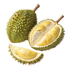 Fototapeta premium Whole and cut durian fruit with a slice isolated on transparent background