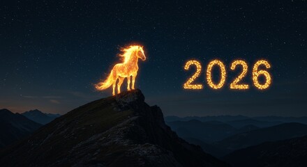 Golden fiery horse standing on mountain peak under starry night sky with glowing 2026 for chinese new year.