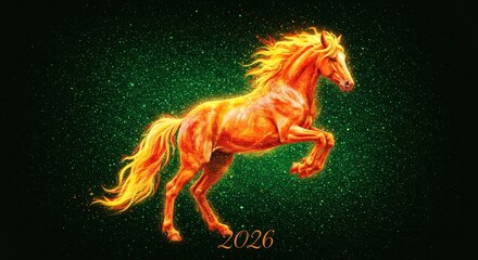 Fiery horse and year 2026 on a sparkling green background. Chinese New Year animal symbol for upcoming year.
