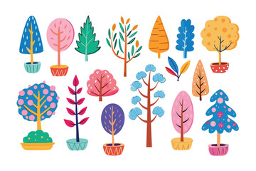 Colorful tree collection: A vibrant collection of diverse trees, each uniquely illustrated with playful shapes and vivid colors, bringing a touch of whimsy to any creative project.