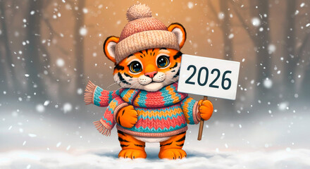 Cute tiger cub in winter clothes holding a 2026 sign, symbolizing the new year. Holiday illustration with copy space.