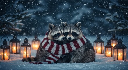 Two raccoons in a shared knit scarf sit in a snowy winter landscape with glowing lanterns, symbolizing warmth and companionship for winter holiday celebration.