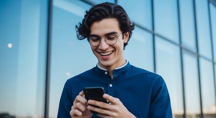 Photo of young man smiling while using smartphone