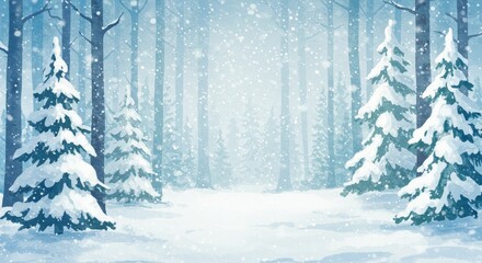 Winter forest scene with snow covered trees and falling snow. Christmas and New Year holiday. Holiday card for winter season