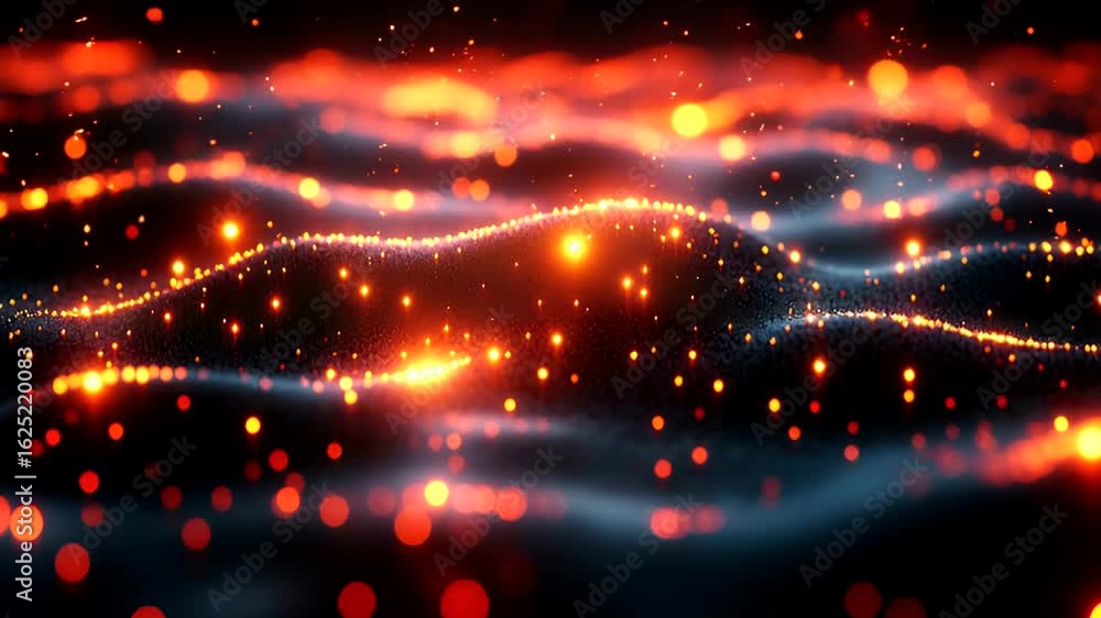 Poster abstract particle wave motion background with glowing red and orange lights