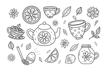 Floral Tea Party: A charming monochrome illustration showcasing a delightful tea party scene, featuring delicate floral elements, lemon slices, honey pot, and tea sets.